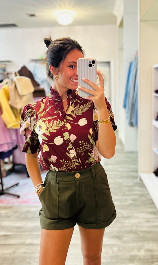 Prim and Proper Floral Ruffle Neck Short Sleeve Top - Merlot