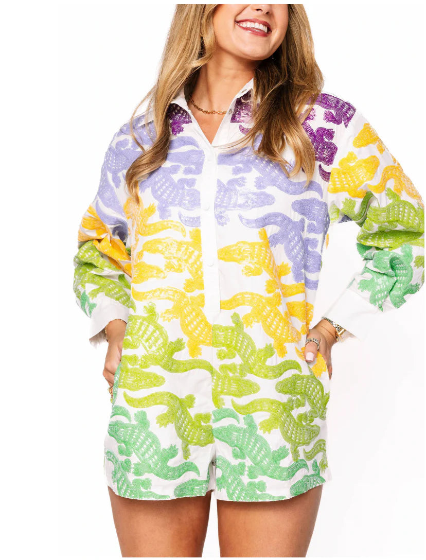 Queen Of Sparkles Alligator Button Up Cotton Romper