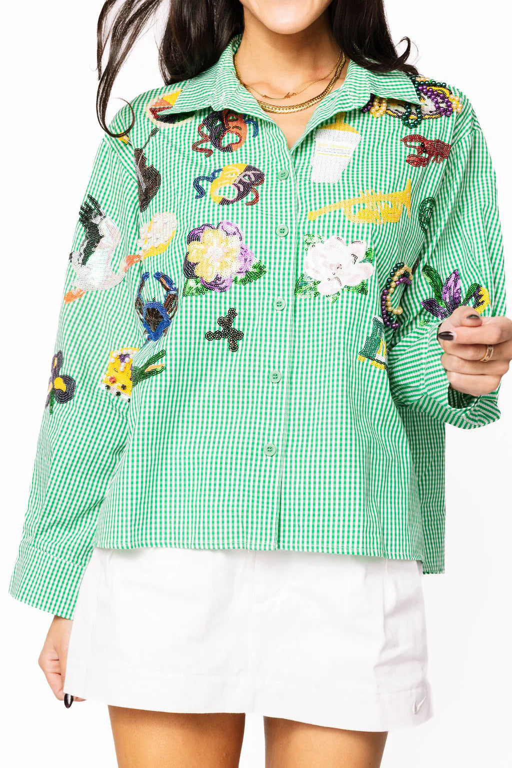 Queen Of Sparkles Green & White Gingham Mardi Gras Icon Button Up Top