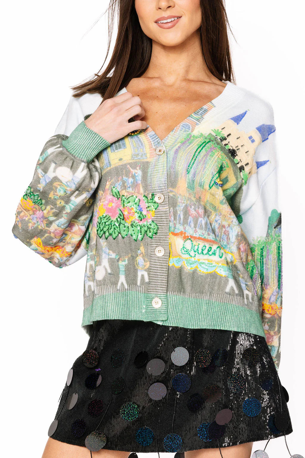 Queen Of Sparkles Mardi Gras Parade Scene Button Up Cardigan