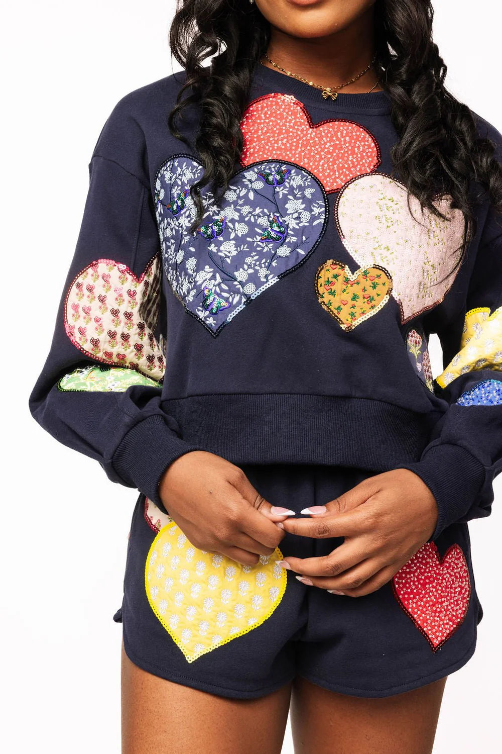 Queen Of Sparkles Navy Multi Embroidered Hearts Sweatshirt