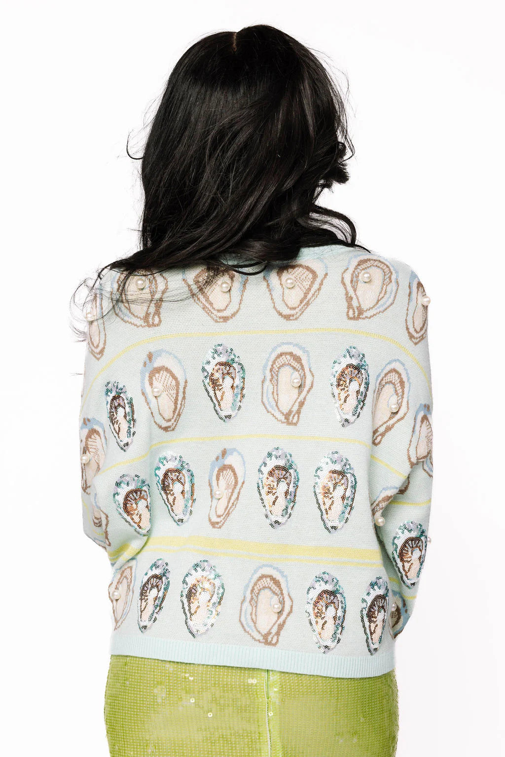 Queen Of Sparkles Pale Blue & Green Oyster Tie Up Sweater