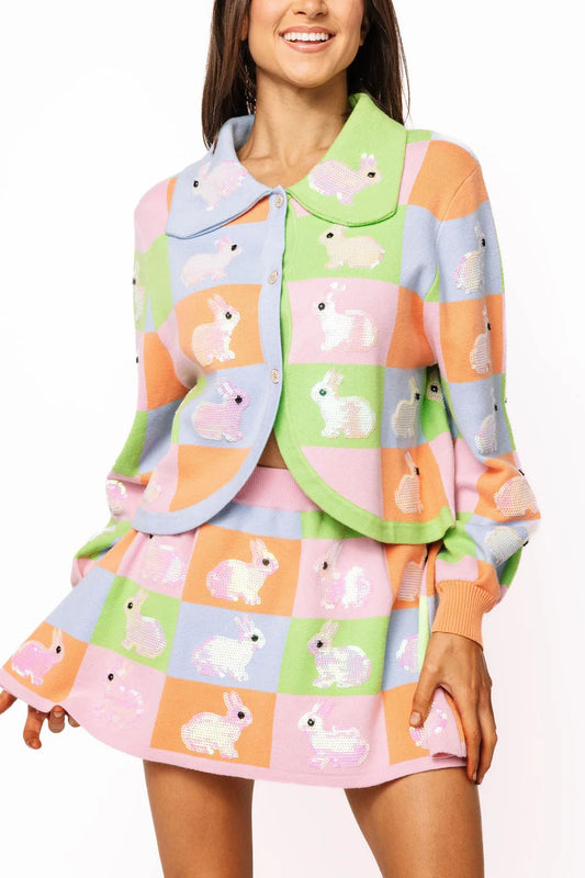 Queen of Sparkles Pastel Colorblock Easter Bunny Button Up Collar Cardigan
