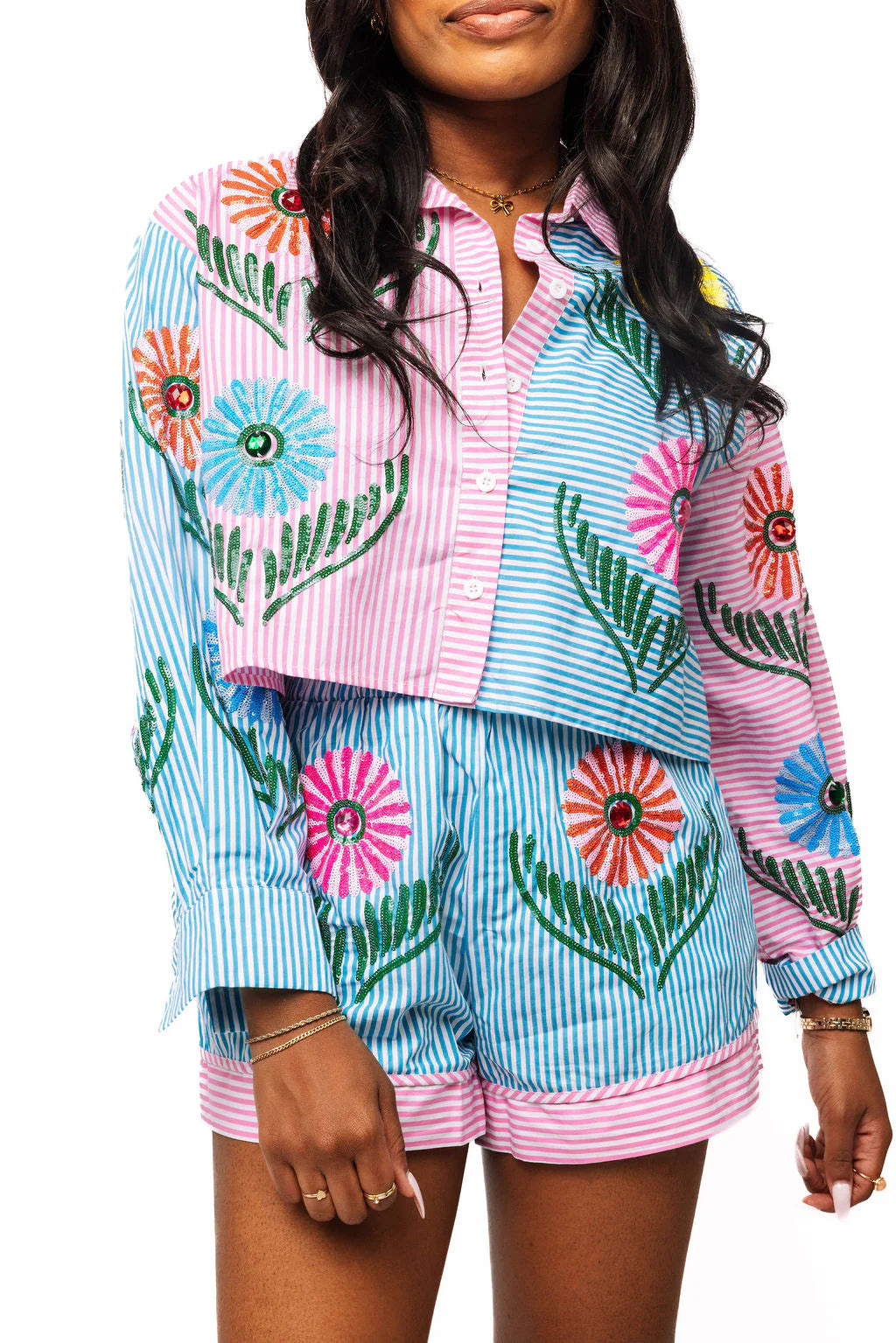Queen Of Sparkles Pink & Blue Striped Cinco Flowers Button Up Collar Top