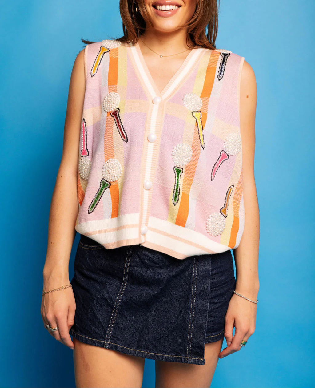 Queen Of Sparkles Light Pink Plaid Golf 'Tee Time' Sweater Vest