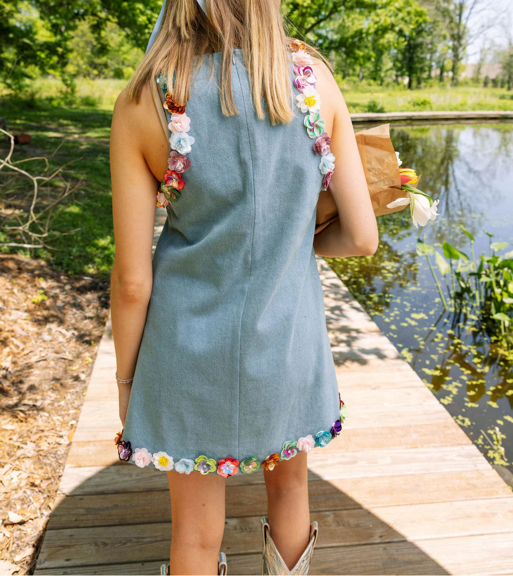 QOS Floral Trim Denim Tank Dress 