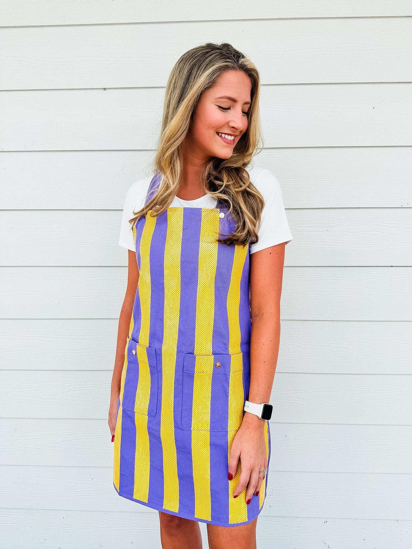 Queen Of Sparkles Purple & Yellow Sequin Striped Overall Dress