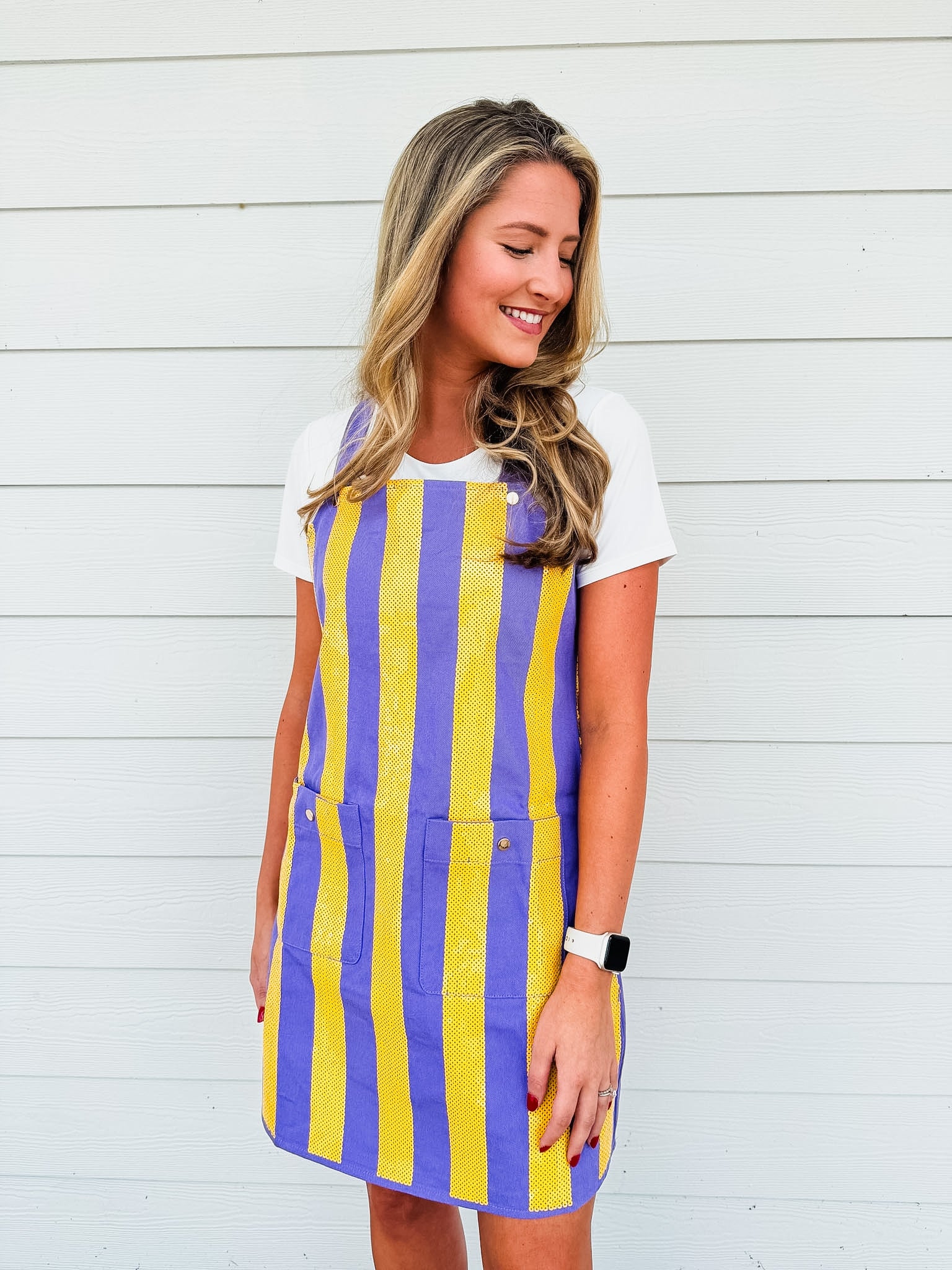 Queen Of Sparkles Purple & Yellow Sequin Striped Overall Dress