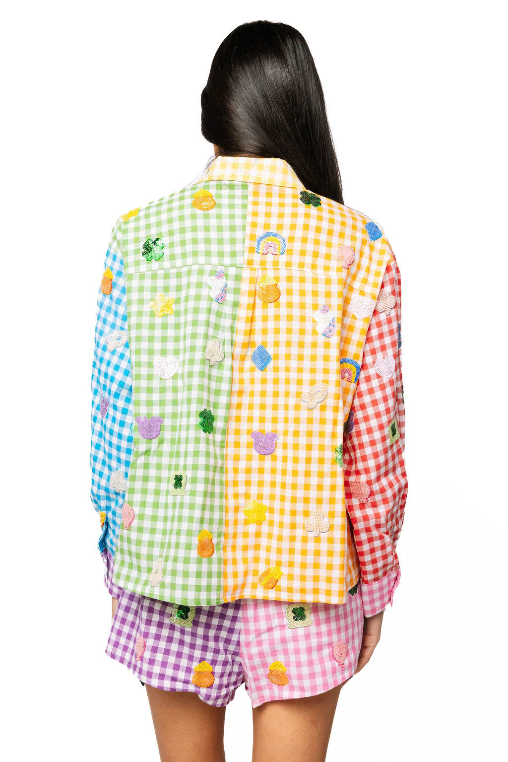 Queen of Sparkles Rainbow Gingham Colorblock Lucky Charms Button Up Cotton Top