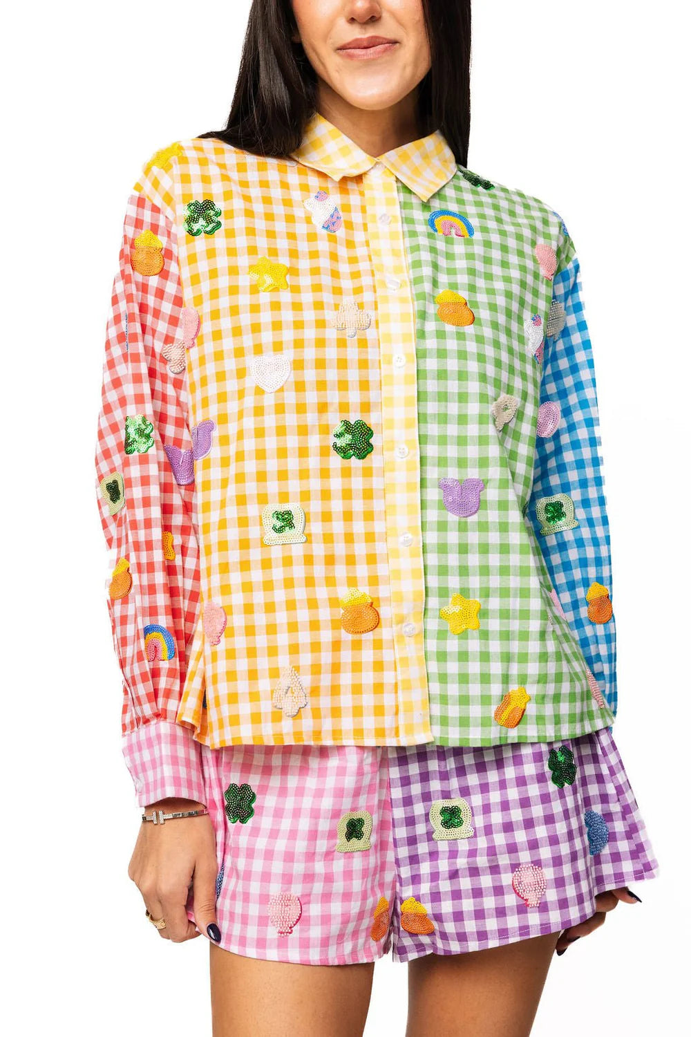 Queen of Sparkles Rainbow Gingham Colorblock Lucky Charms Button Up Cotton Top