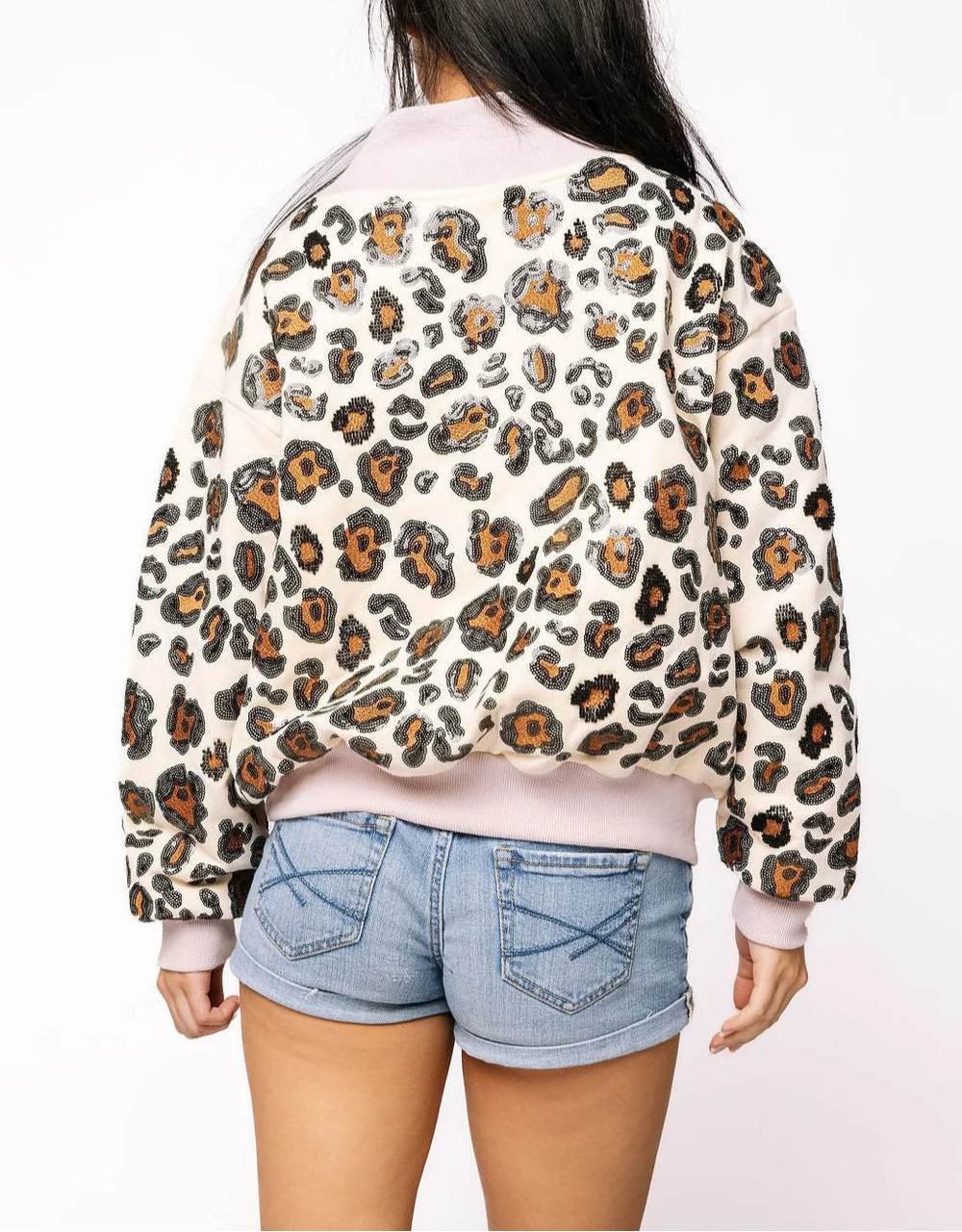 Queen Of Sparkles Ivory Leopard Mock Neck Sweatshirt With Light Pink Trim