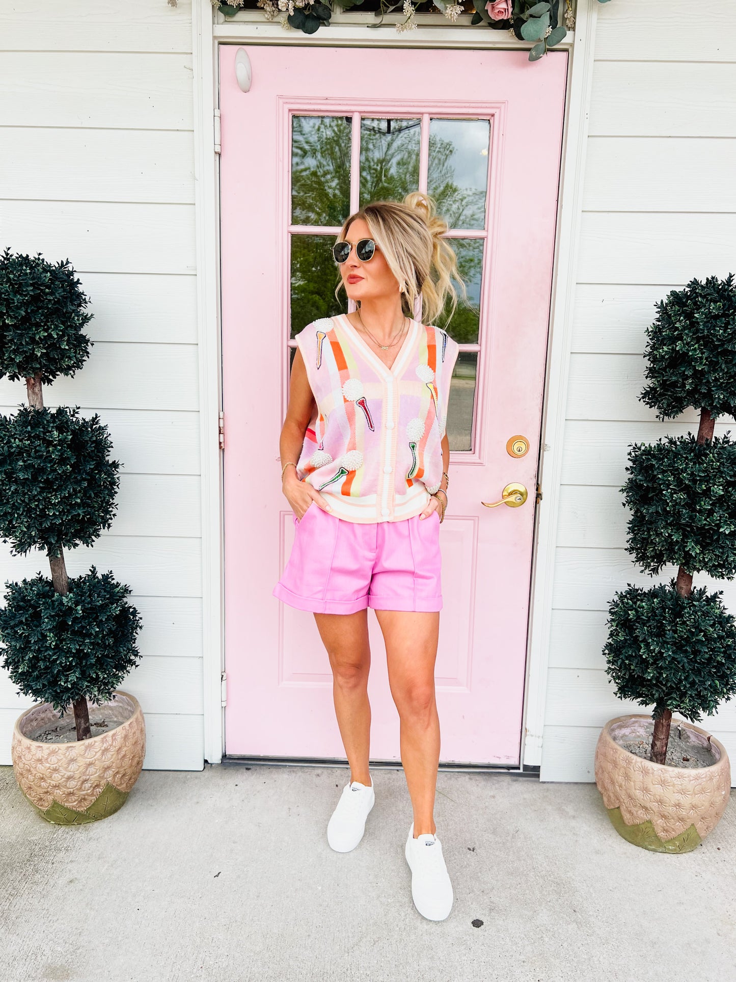 Queen Of Sparkles Light Pink Plaid Golf 'Tee Time' Sweater Vest