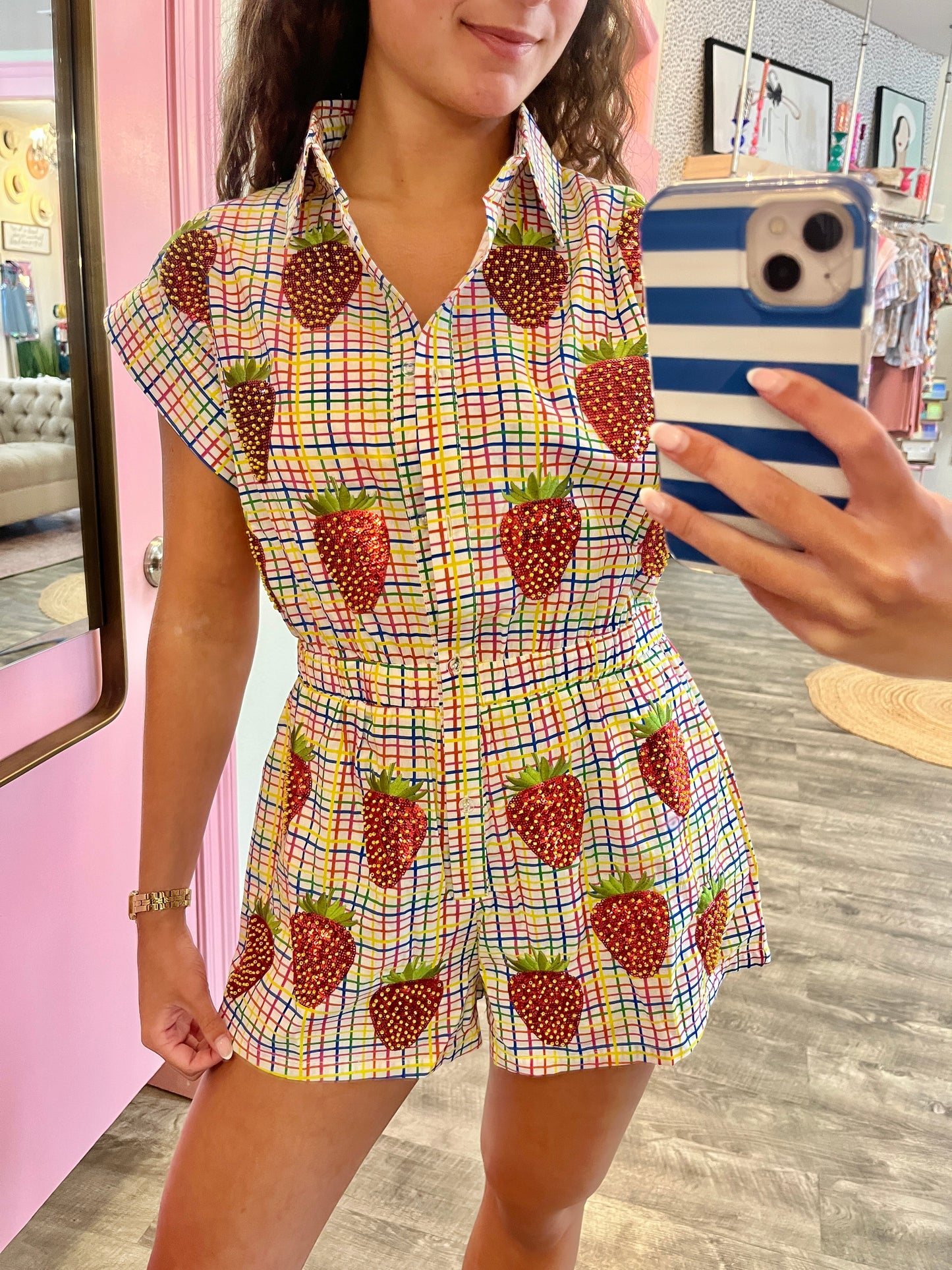 Queen Of Sparkles Rainbow Plaid Beaded Strawberry Cotton Romper