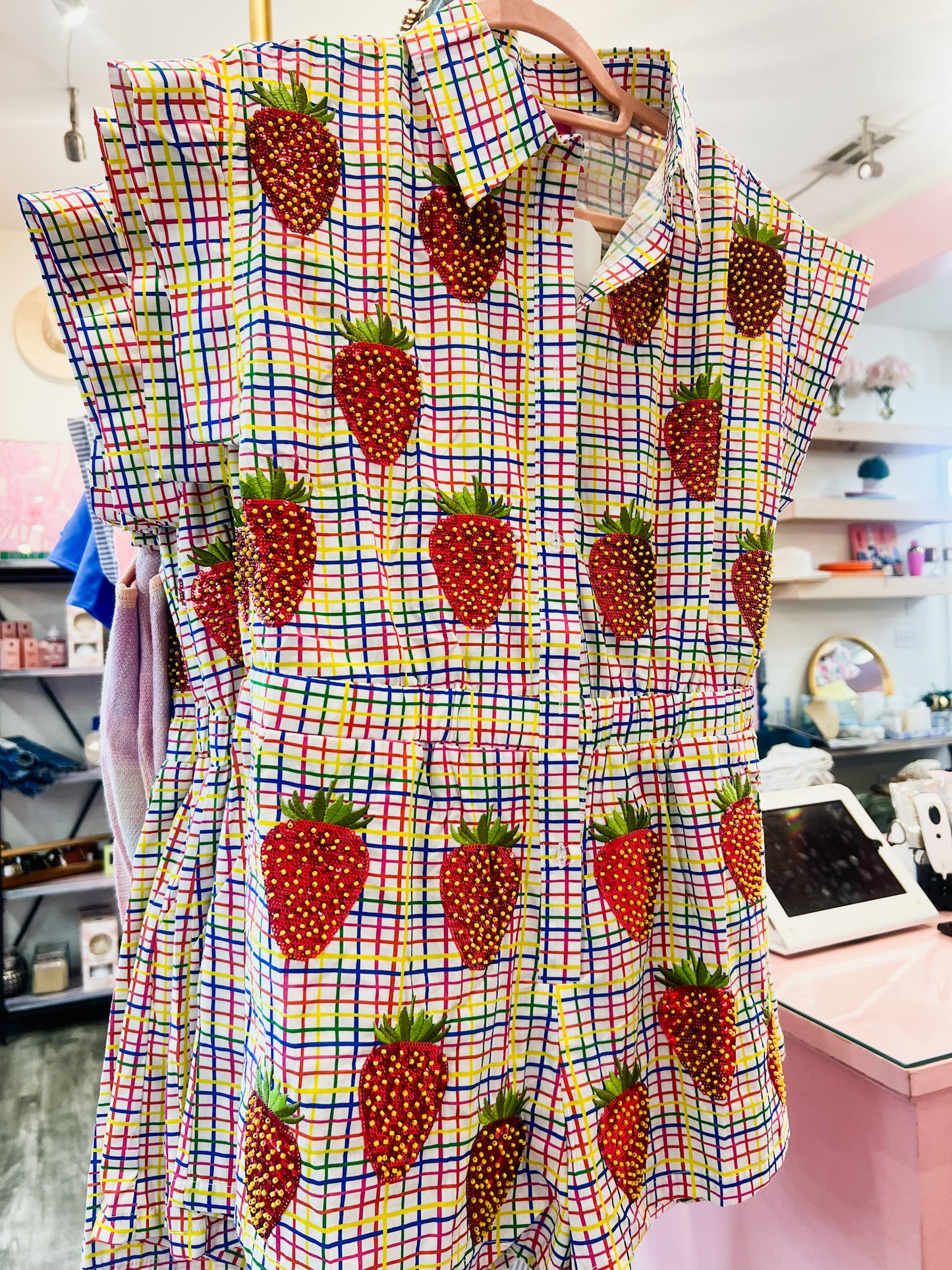 Queen Of Sparkles Rainbow Plaid Beaded Strawberry Cotton Romper