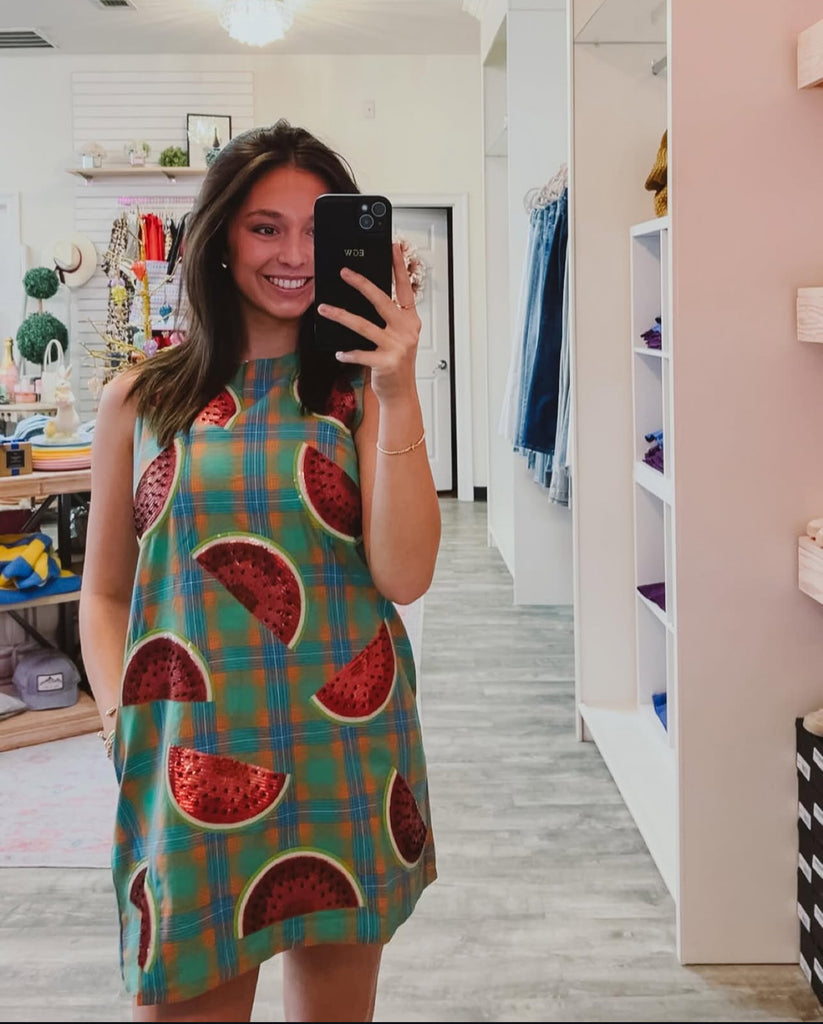 Queen of Sparkles Green Cotton Plaid Sequin Watermelon Tank Dress