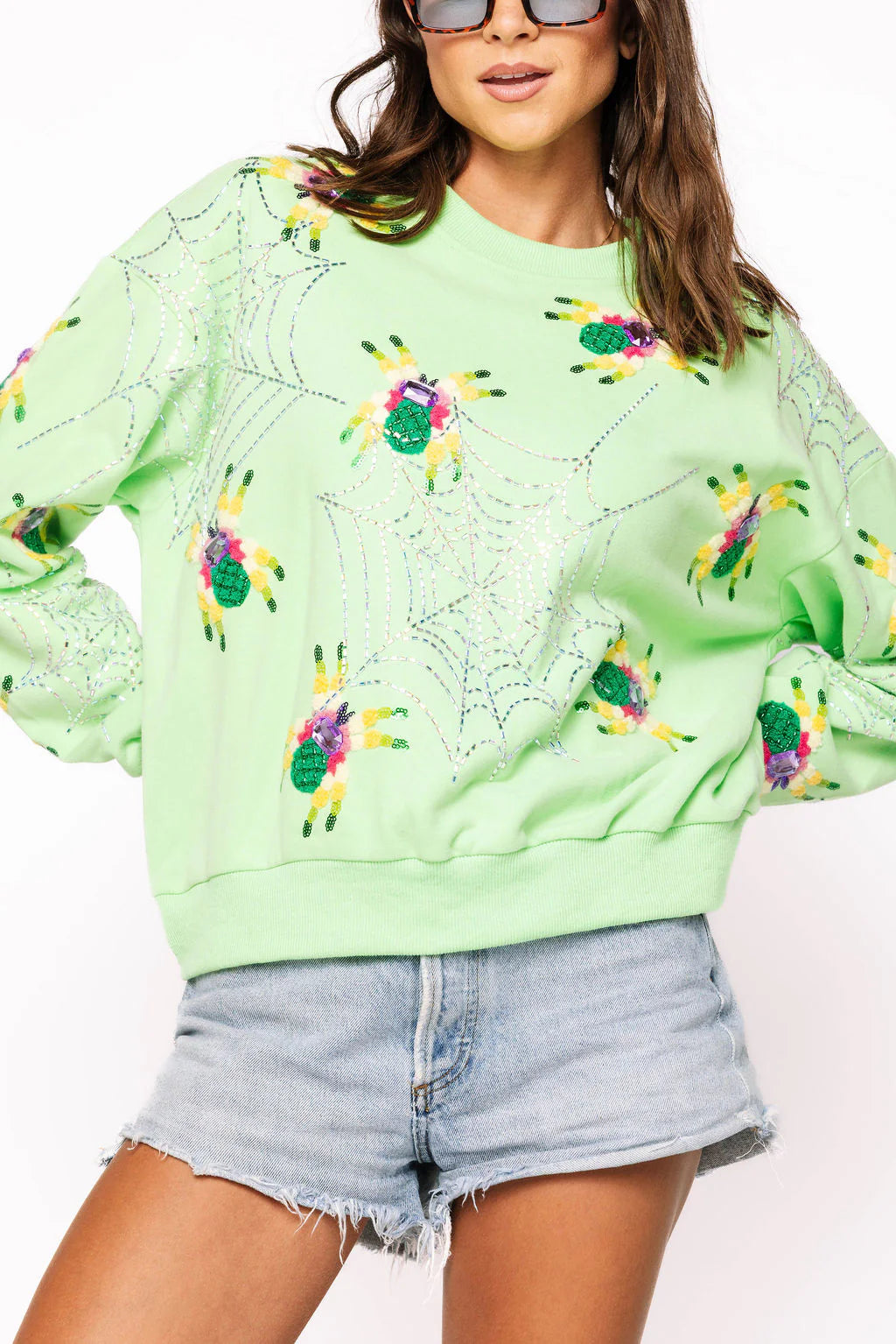 Queen of Sparkles Neon Green Fuzzy Spider & Web Sweatshirt