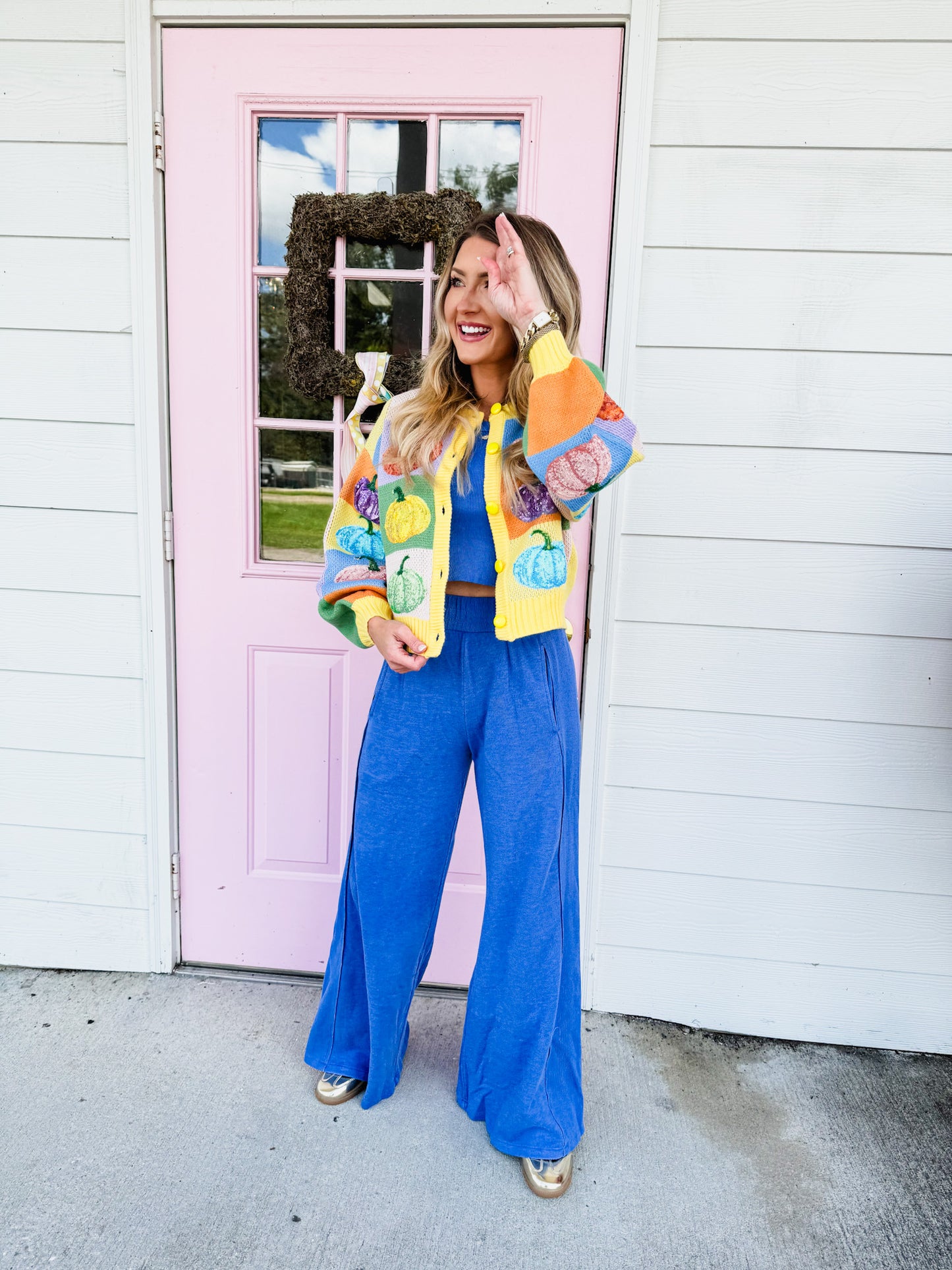 Queen of Sparkles Pastel Colorblock Pumpkin Button Up Cardigan