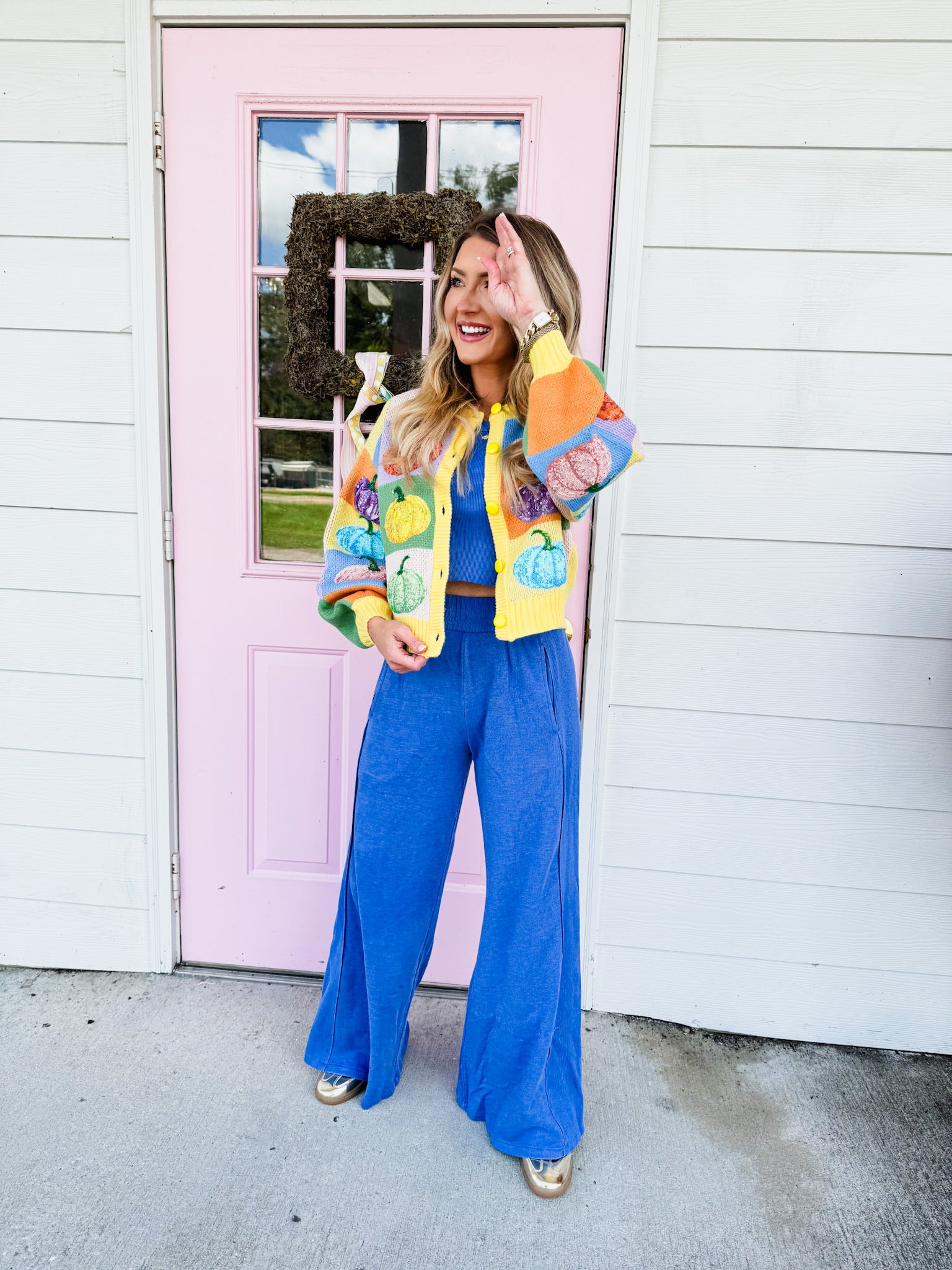 Queen of Sparkles Pastel Colorblock Pumpkin Button Up Cardigan