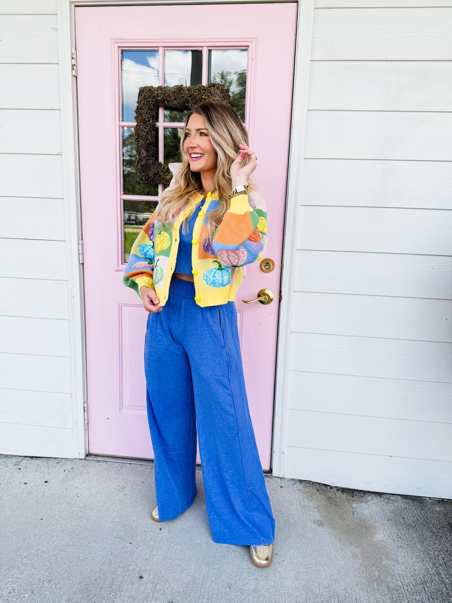 Queen of Sparkles Pastel Colorblock Pumpkin Button Up Cardigan