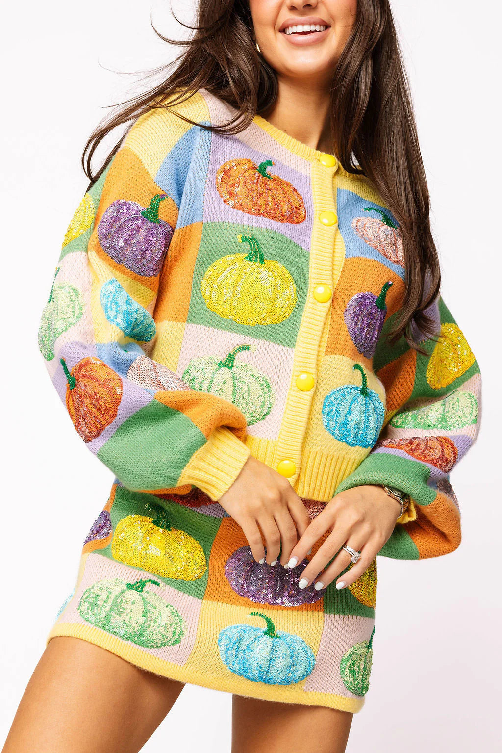 Queen of Sparkles Pastel Colorblock Pumpkin Button Up Cardigan