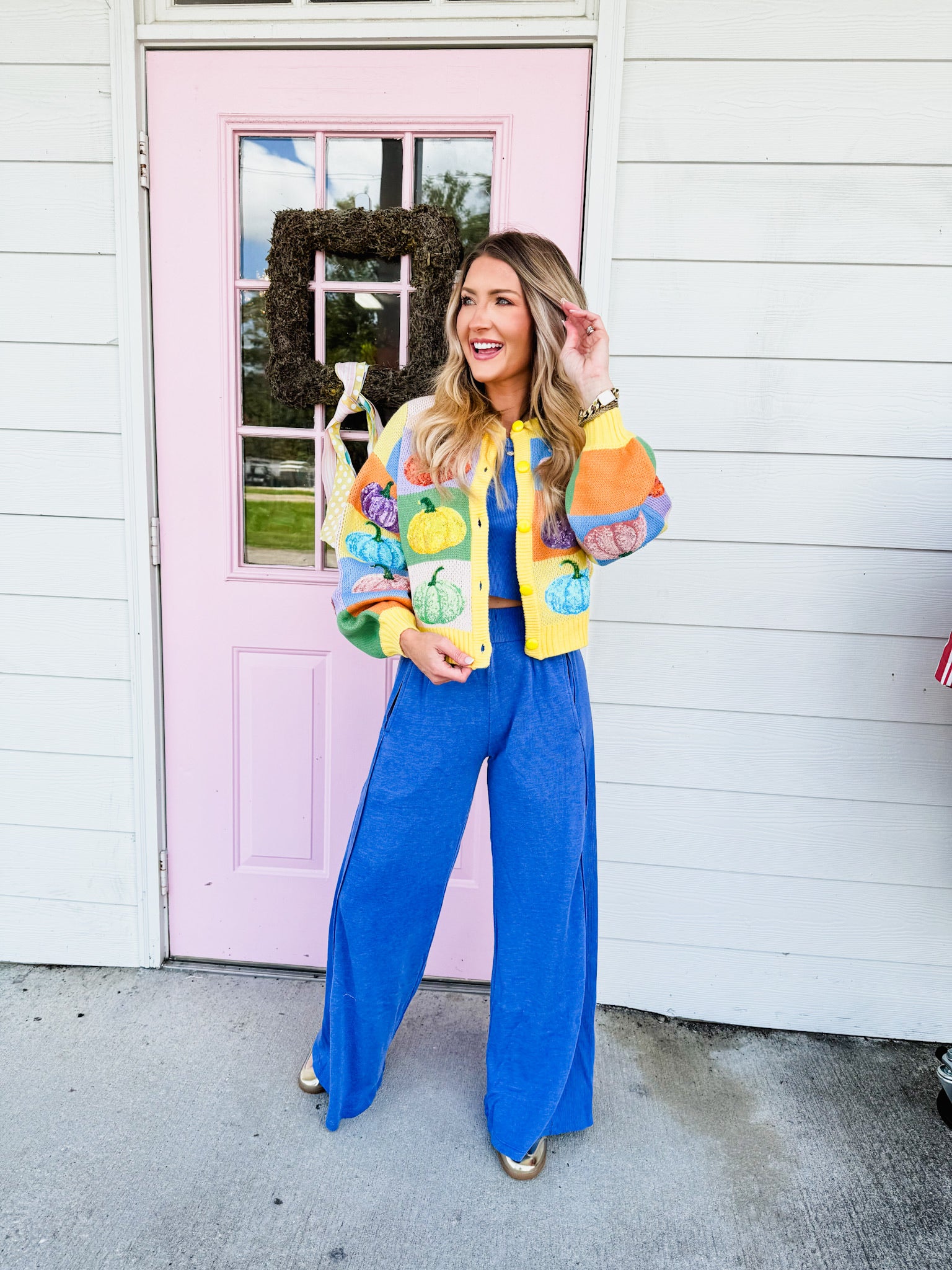 Queen of Sparkles Pastel Colorblock Pumpkin Button Up Cardigan