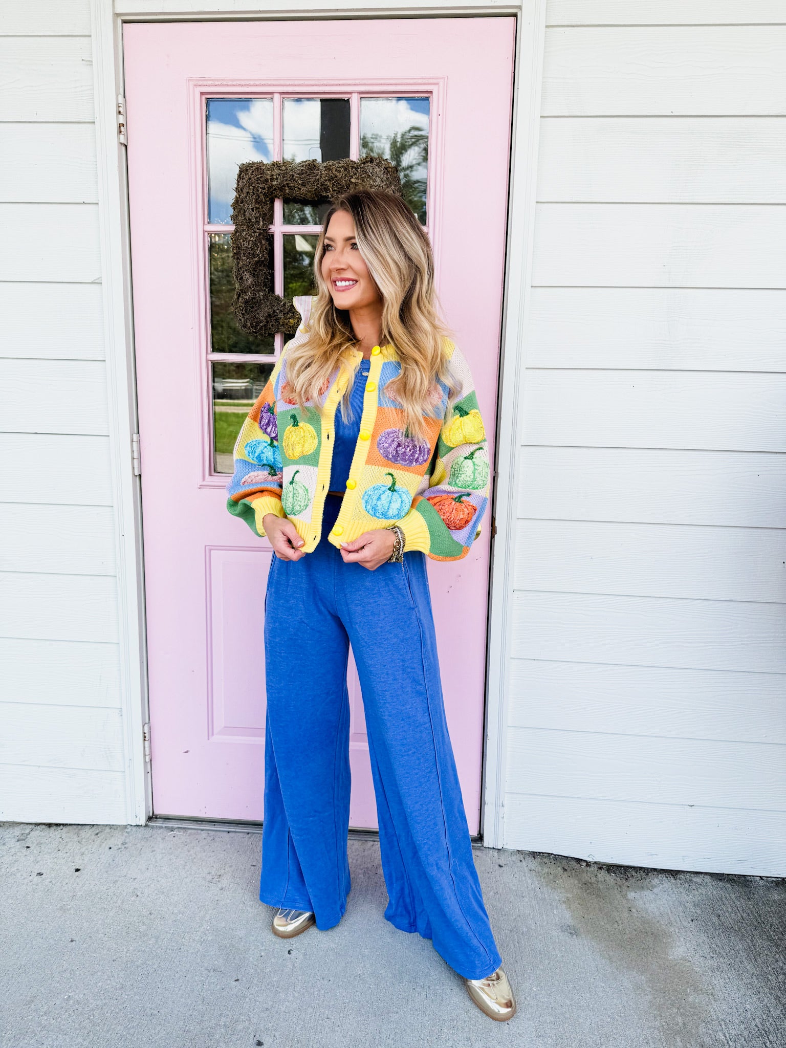Queen of Sparkles Pastel Colorblock Pumpkin Button Up Cardigan