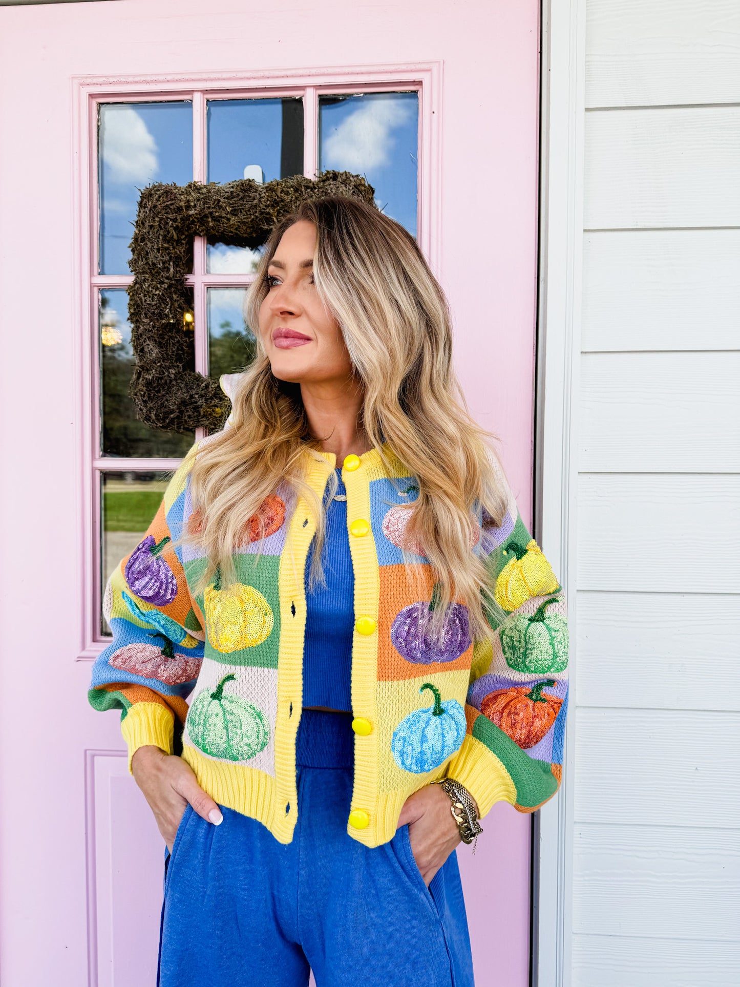 Queen of Sparkles Pastel Colorblock Pumpkin Button Up Cardigan