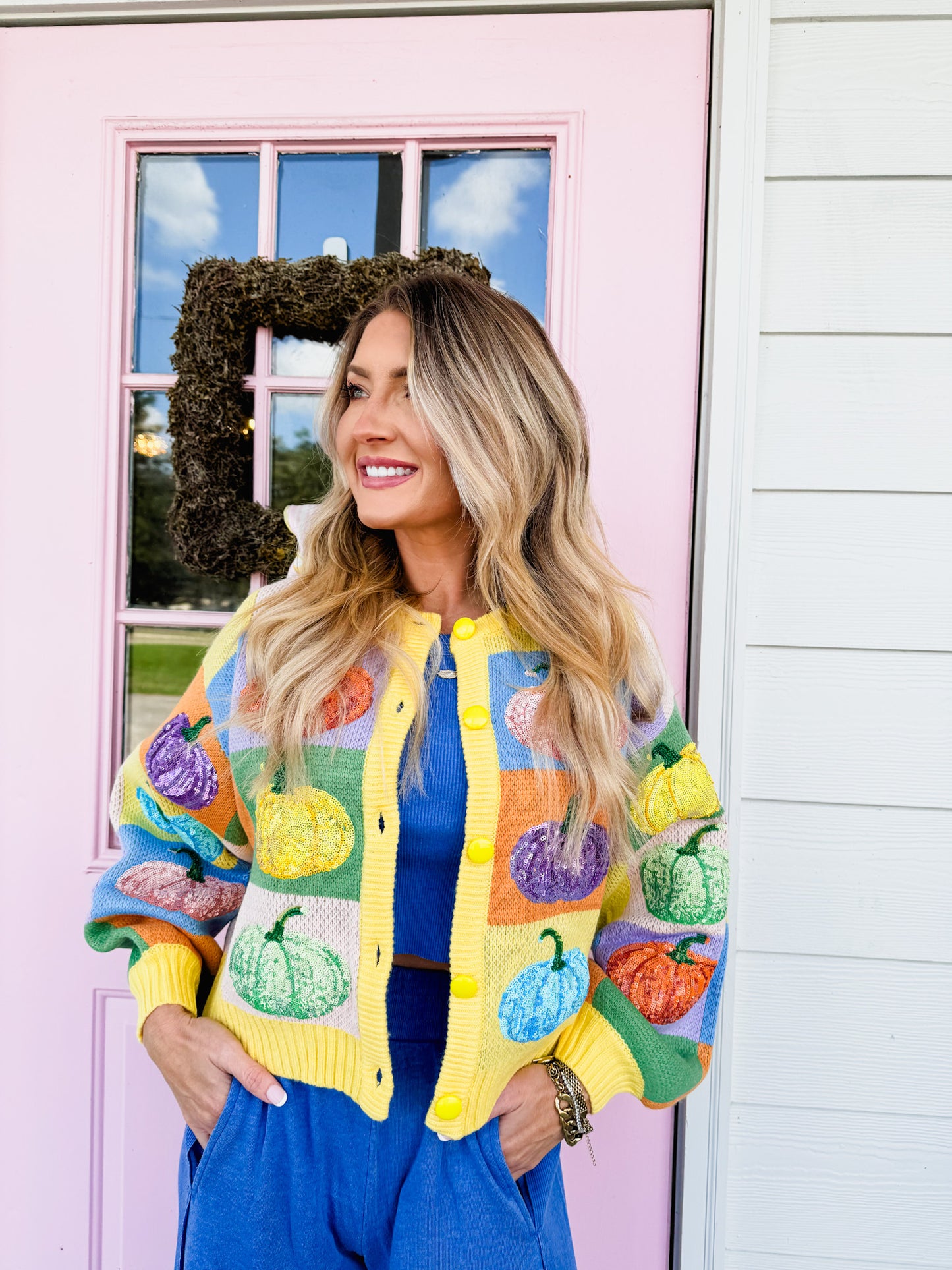 Queen of Sparkles Pastel Colorblock Pumpkin Button Up Cardigan