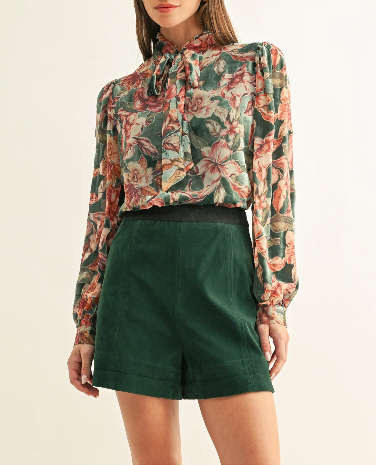Scarlette Burnout Velvet Tied Neck Blouse - Teal Multi