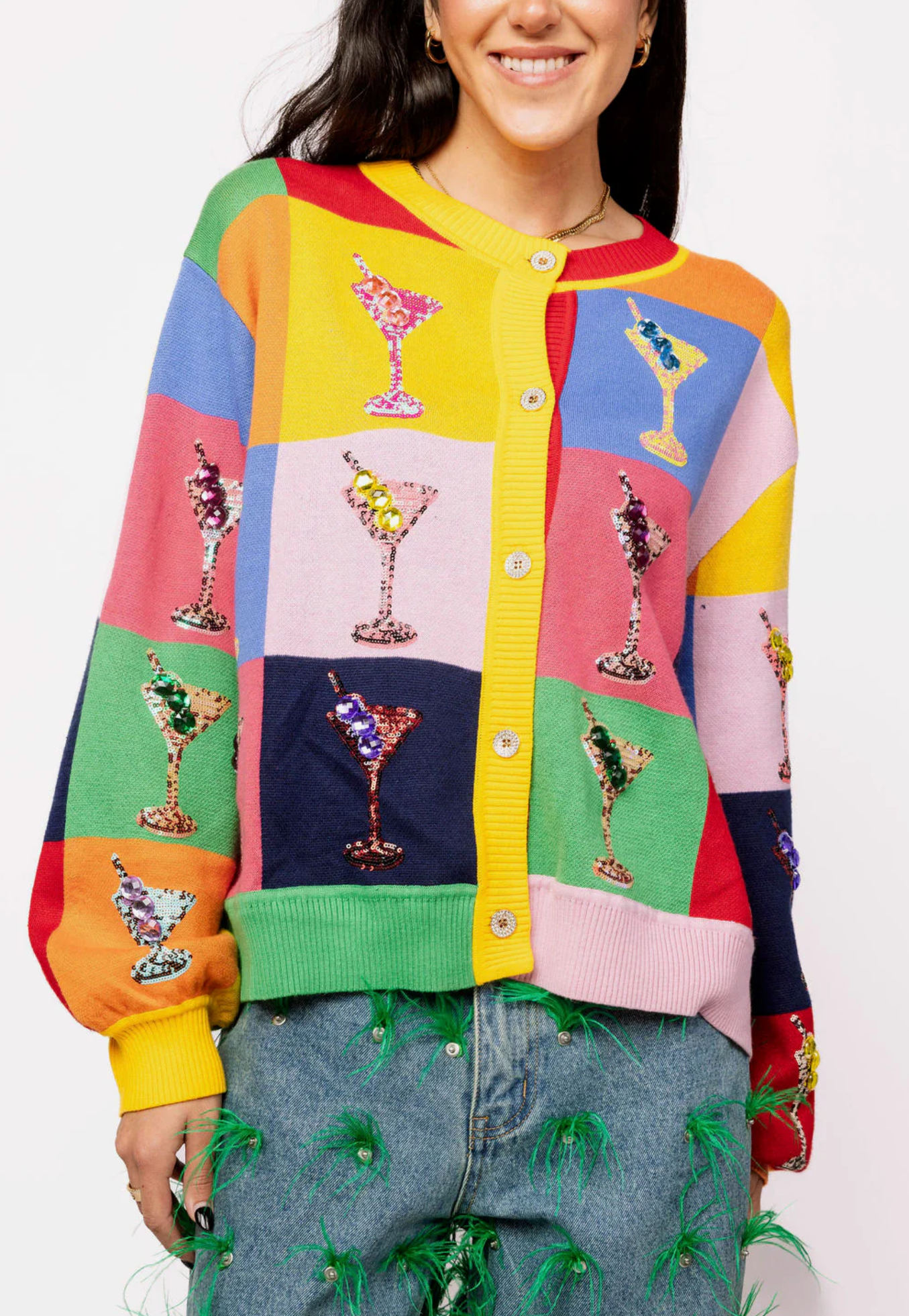 Queen Of Sparkles Multi Checkered Cosmo Button Up Sweater