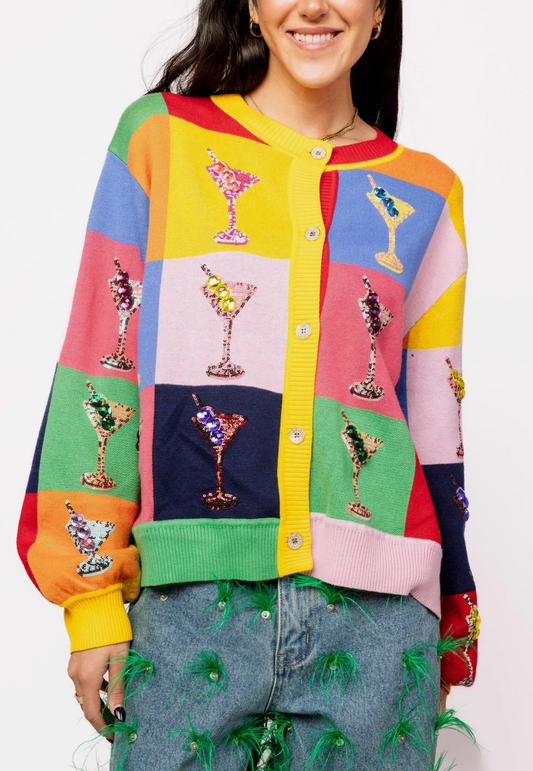 Queen Of Sparkles Multi Checkered Cosmo Button Up Sweater