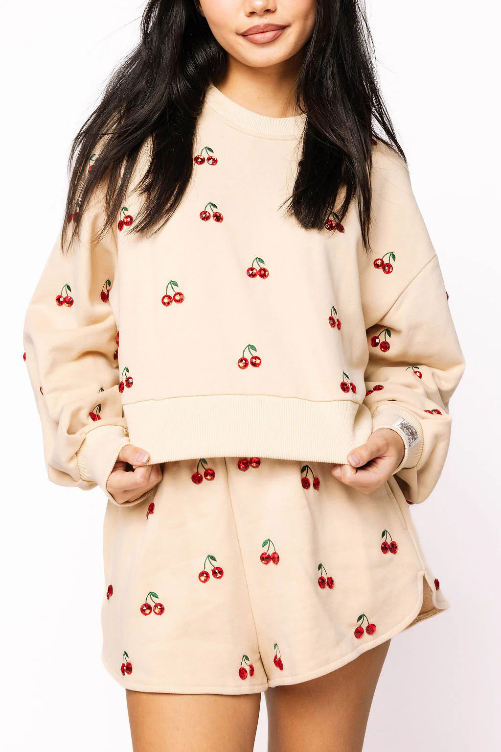 Queen of Sparkles Tan Jeweled Cherry Sweatshirt