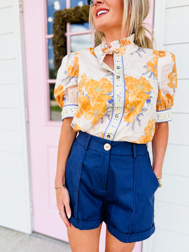 Trendy and Tailored High Waist Pleated Rolled Cuff Hem Shorts - Navy