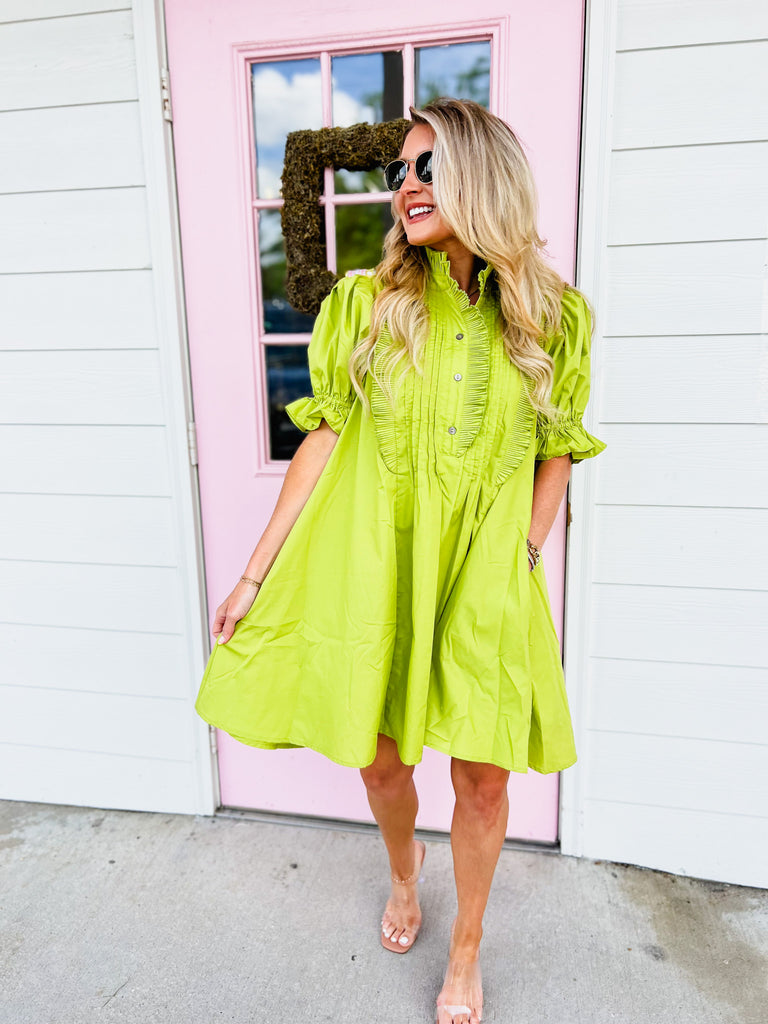 What A Frill Puff Sleeve Pintuck Dress - Chartreuse