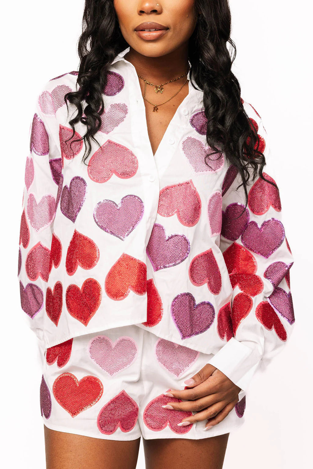 White Multi Rhinestone Hearts Button Up Cotton Top