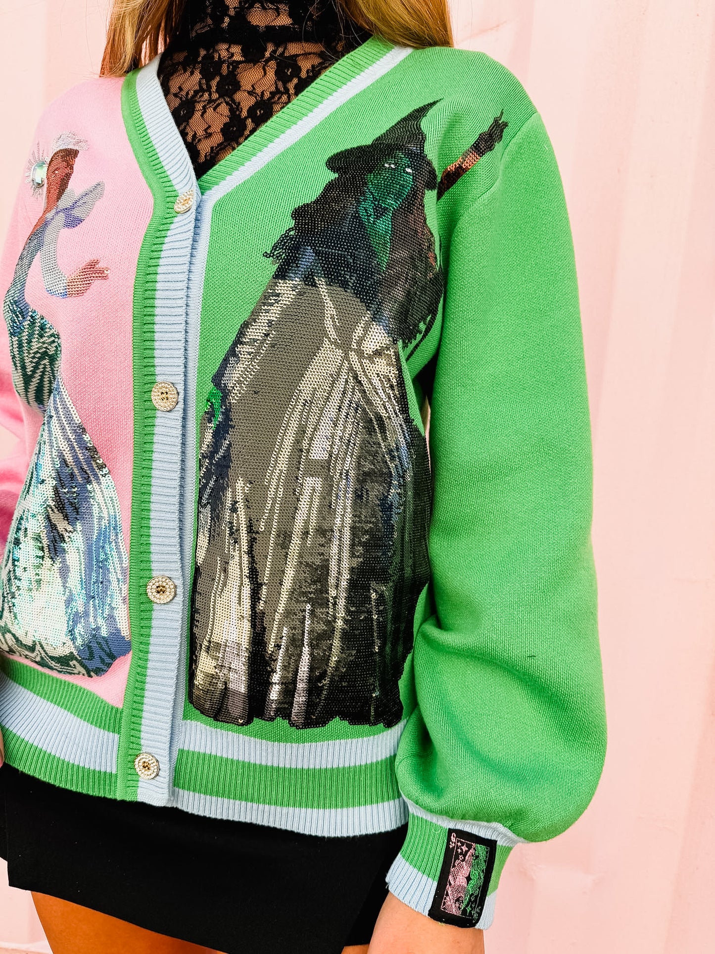 Licensed Wicked x Queen Of Sparkles Colorblock Glinda & Elphaba Button Up Cardigan