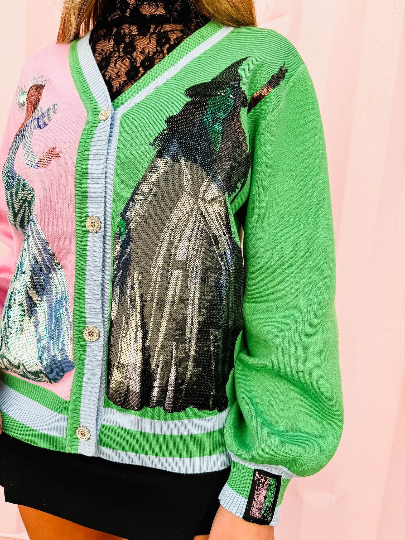 Licensed Wicked x Queen Of Sparkles Colorblock Glinda & Elphaba Button Up Cardigan