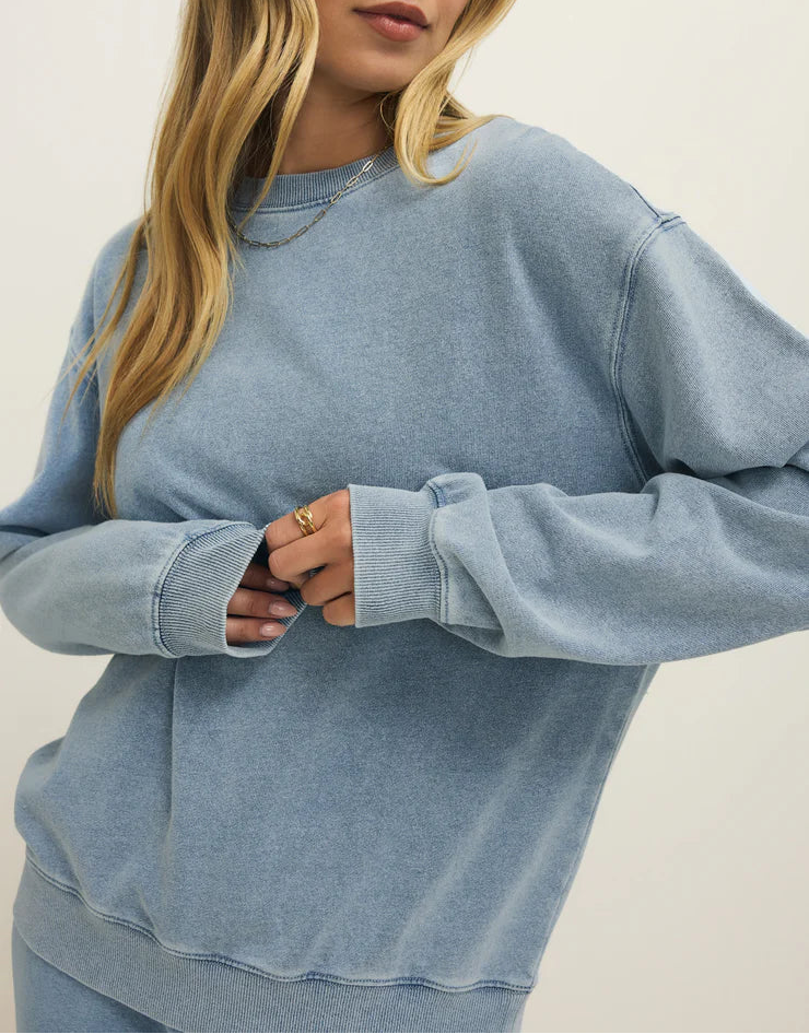 Z Supply Boyfriend Denim Sweatshirt - Ocean Air Indigo
