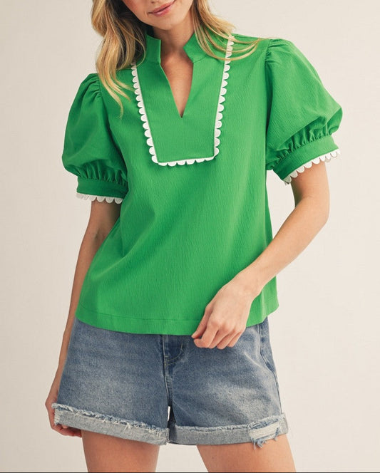 Lucky You Scallop Trim Accent Crinkle Top - Kelly Green