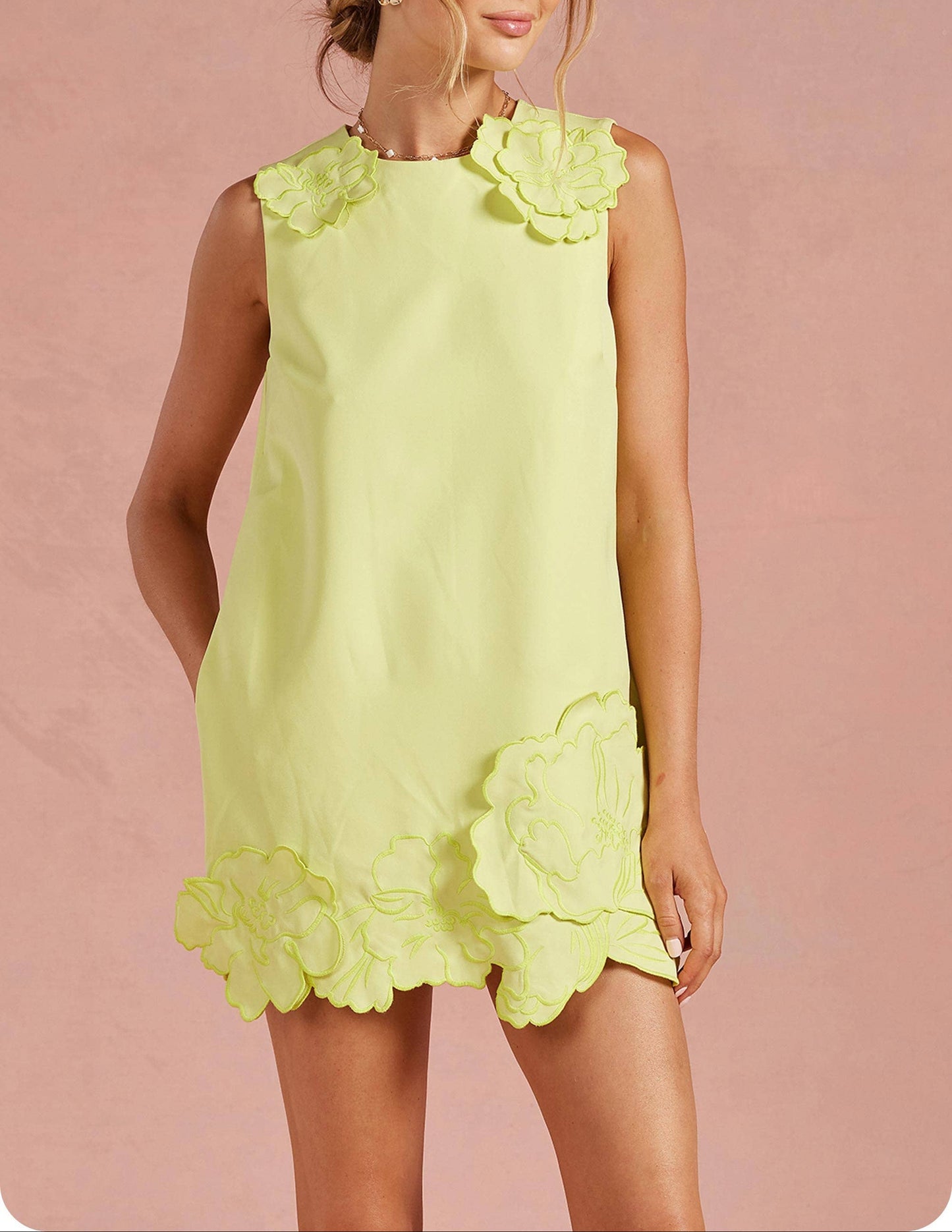Hear Me 3D Floral Appliqué Sleeveless Shift Dress - Chartreuse