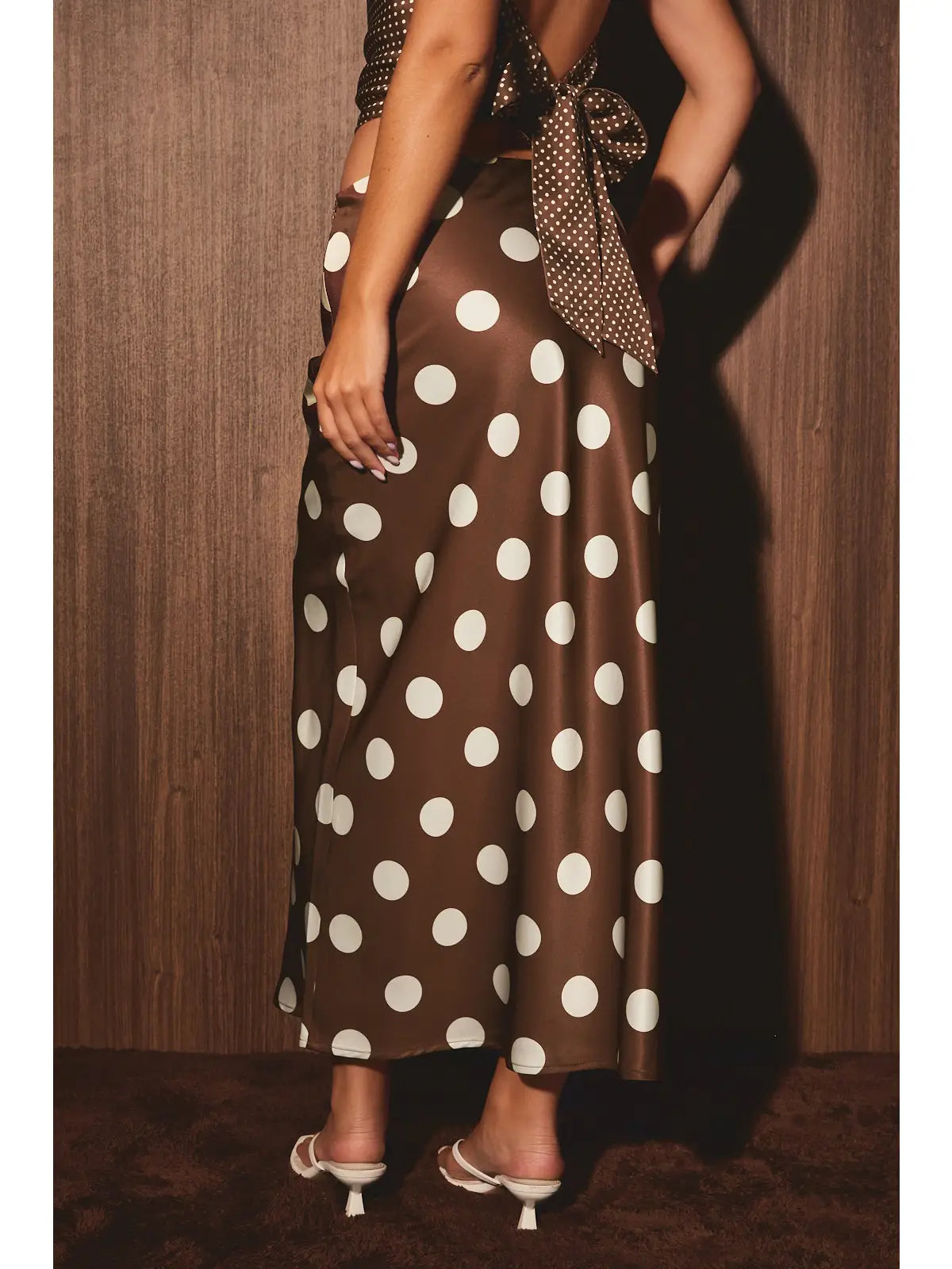 Sit Down Mid Waisted Polka Dot Bias Skirt - Brown/White Dot
