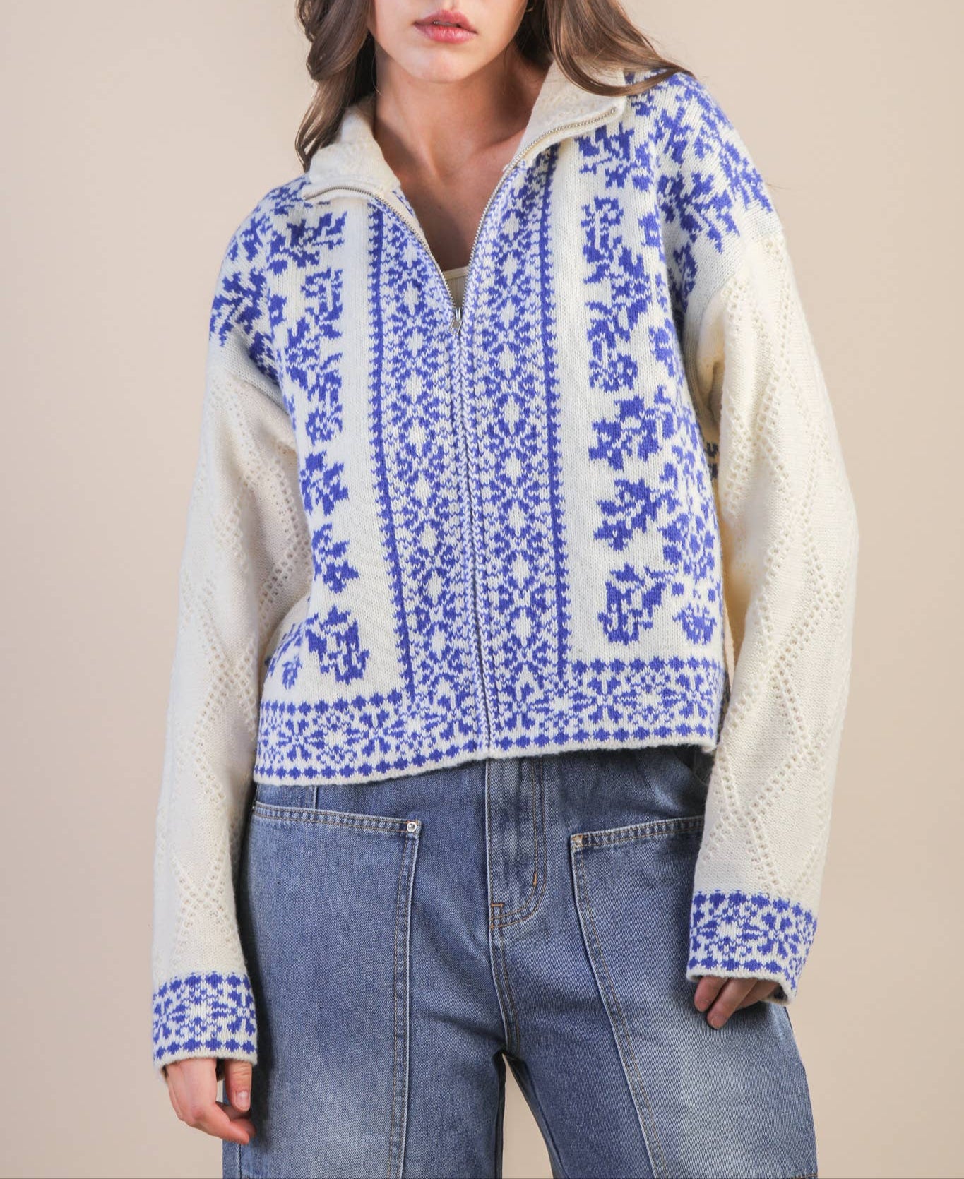 Inner Circle Graphic Knit Sweater Zip Up Cardigan - Blue