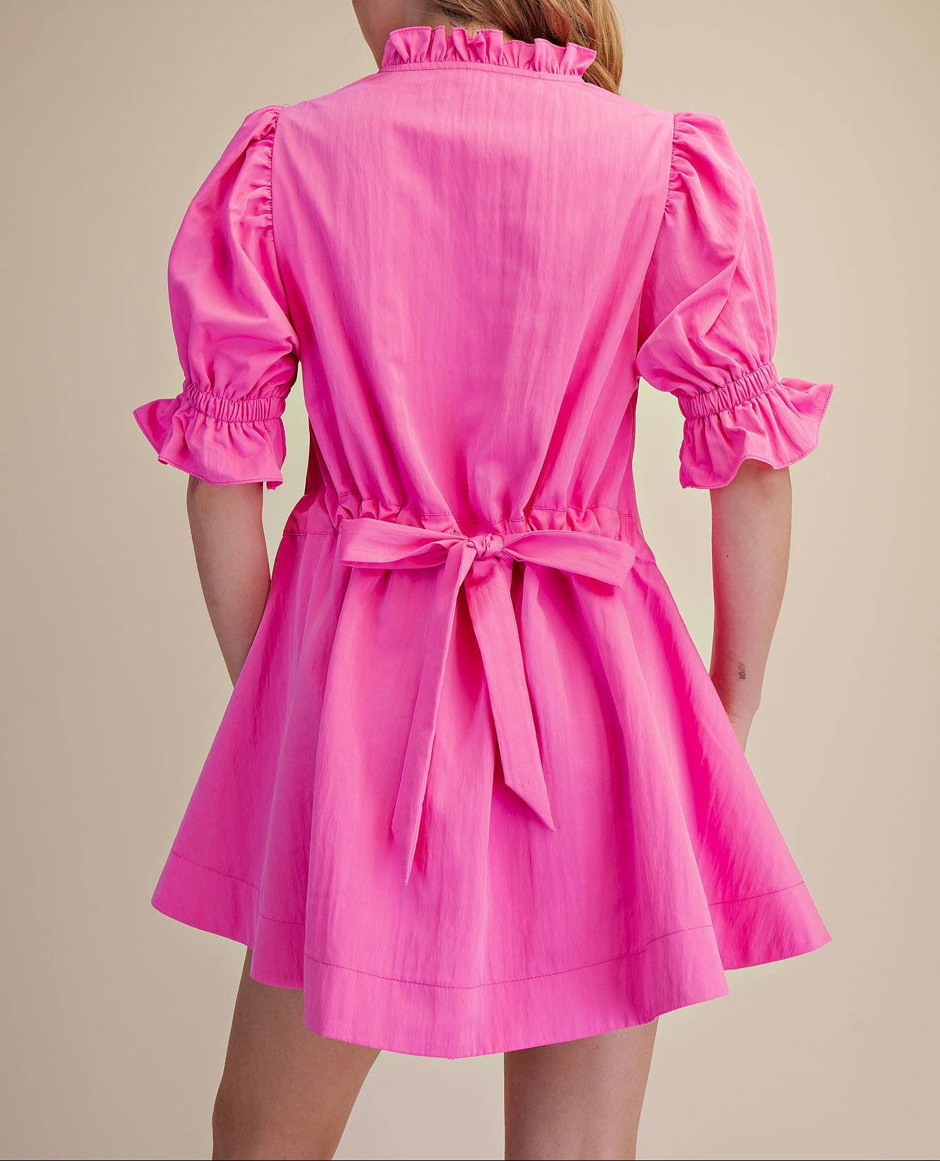 Sweet Thing Ruffle V-Neck Puff Sleeve Dress - Hot Pink