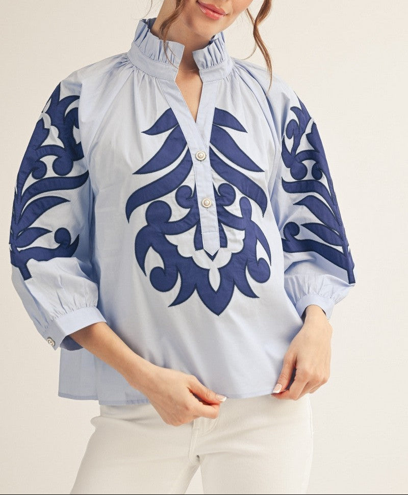 Don't Leave Baroque Applique Detail Top - Blue