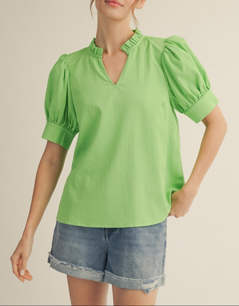 World Traveler Puff Shoulder Ruffled Neckline Crinkle Solid Top - Apple Green