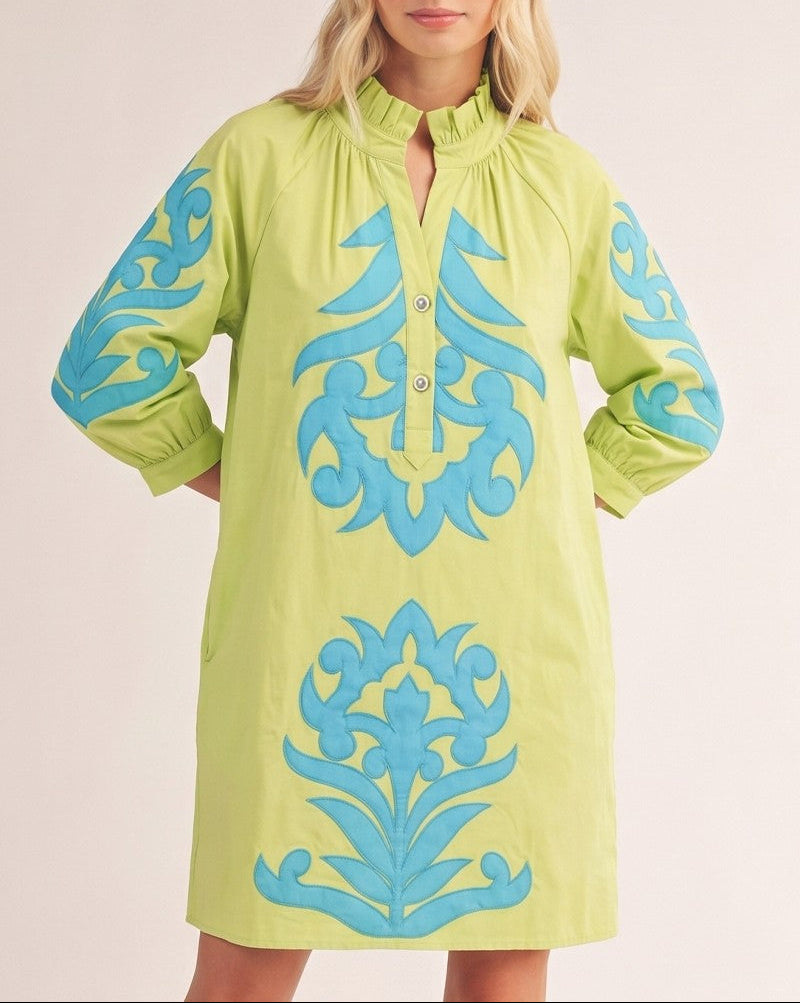 Quiet Time Baroque Floral Applique Shift Dress - Lime/Turquoise