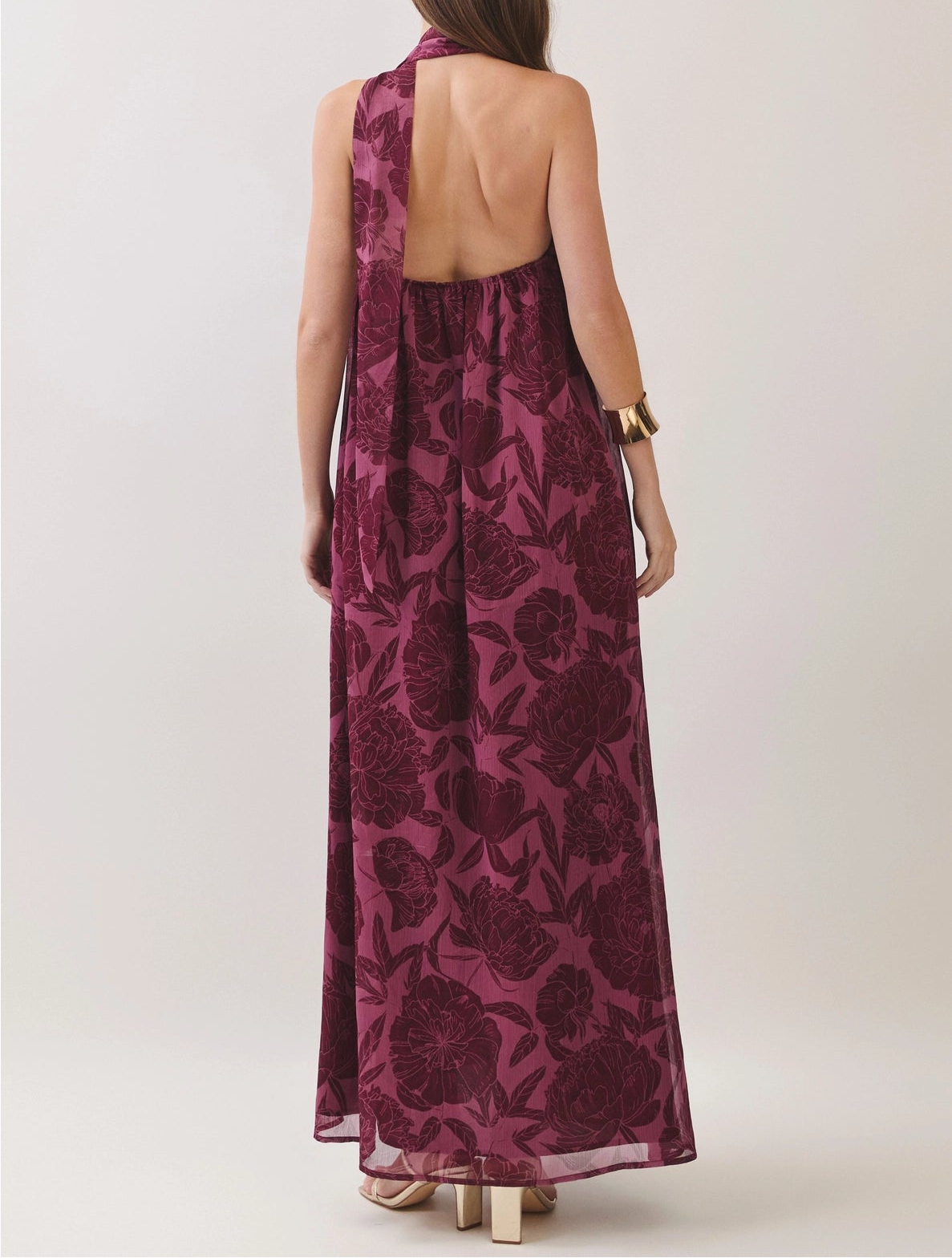 Split Up Floral Print Scarf Maxi Dress - Burgundy