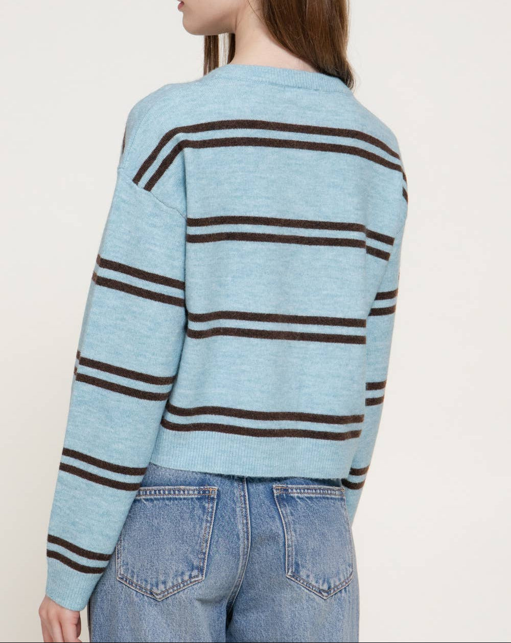Low Key Long Sleeve Round Neck Striped Cardigan - Blue/Brown