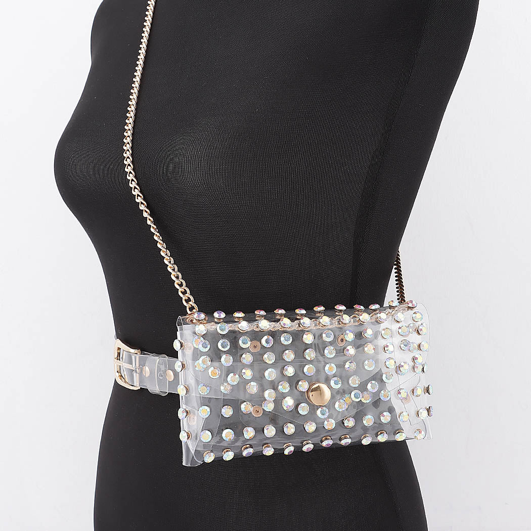 Clear Belt Bag with Chain - Iridescent Rhinestone
