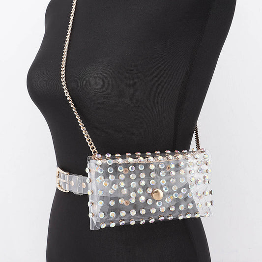 Clear Belt Bag with Chain - Iridescent Rhinestone
